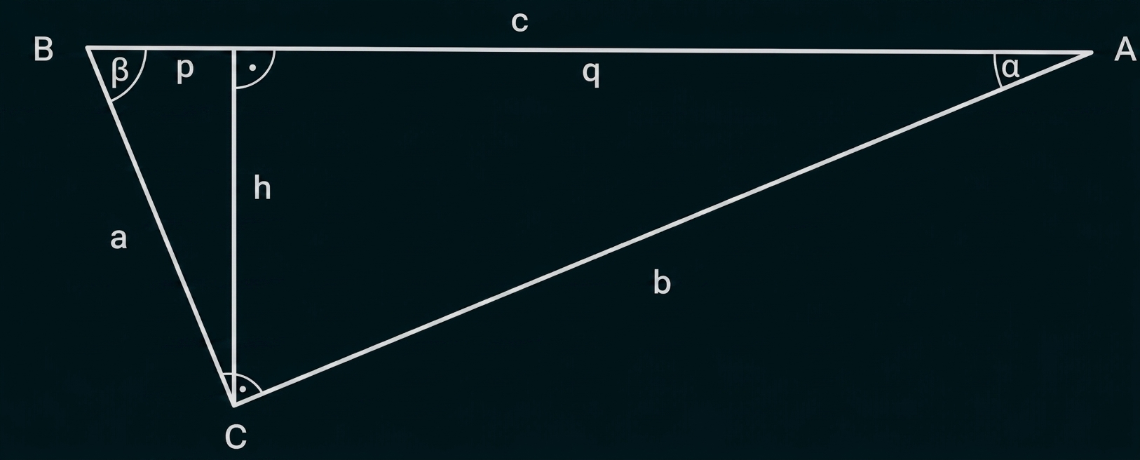 Geometrische Dreieckszeichnung mit Seiten a, b, c, Höhe h und Winkeln α, β.